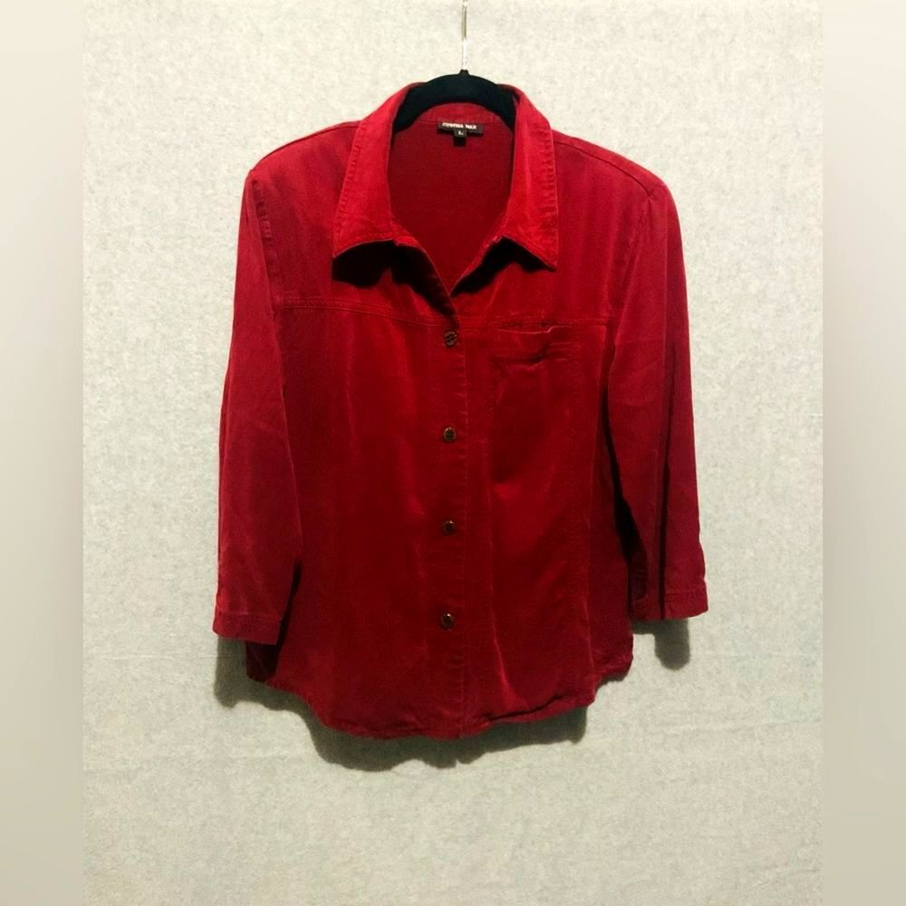 CYNTHIA MAX Red Button Down Long Sleeve Shirt Jacket Blouse Size L Cotton Blend